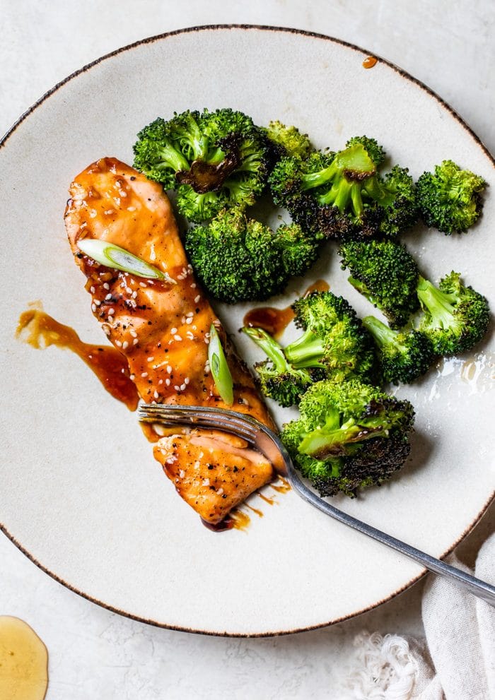 salmon and broccoli on a plate