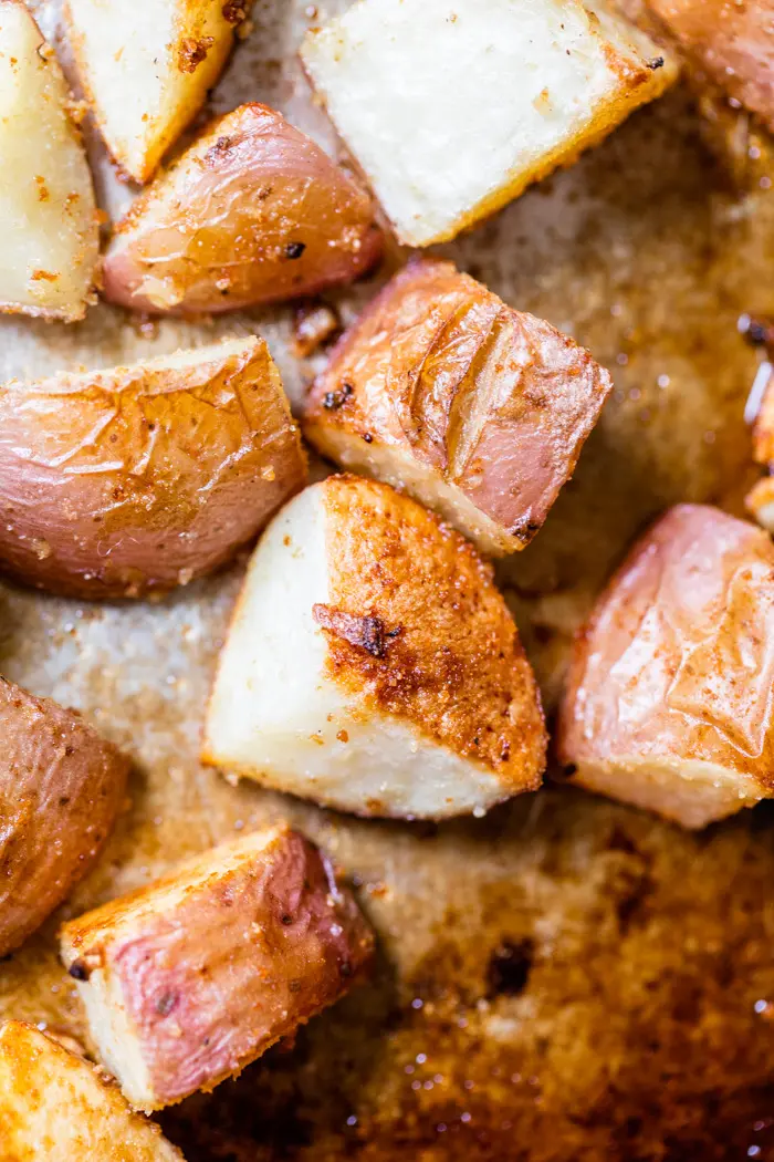 close up of roasted red potatoes