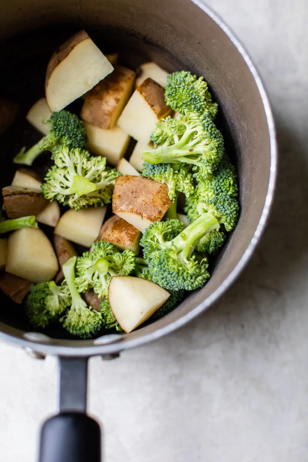broccoli and diced potatoes in a saucepan