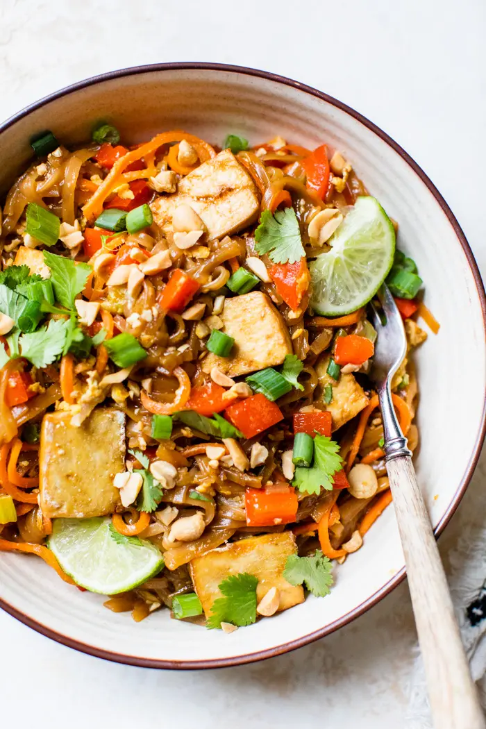 noodles in a bowl with tofu 
