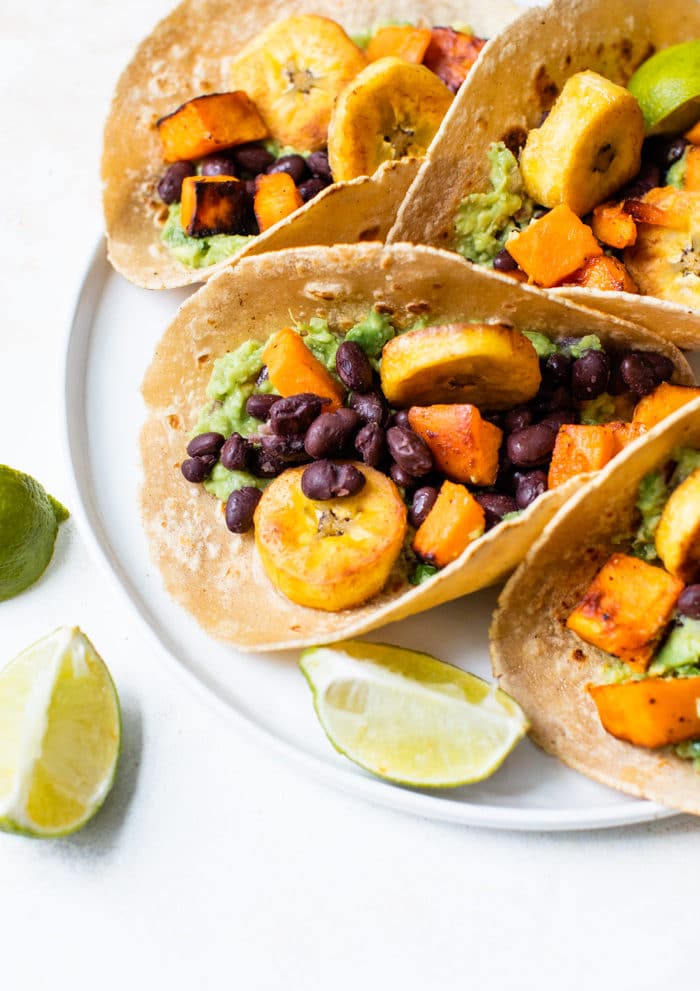 tacos with sweet potato, black beans and guacamole
