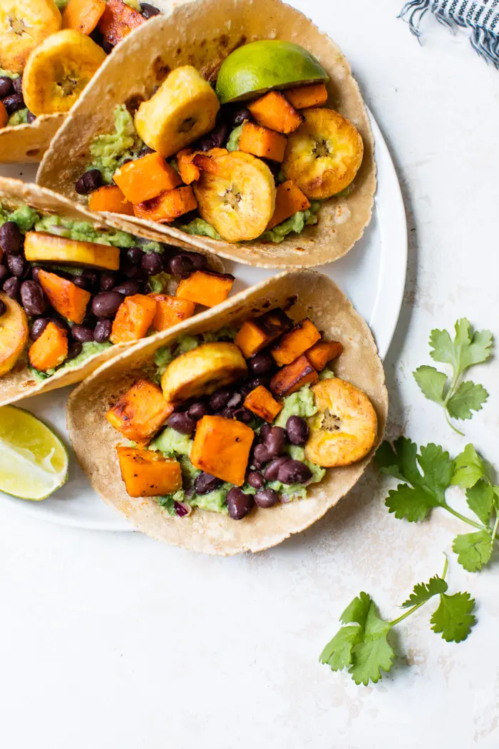 tacos with sweet potato, black beans and plantains