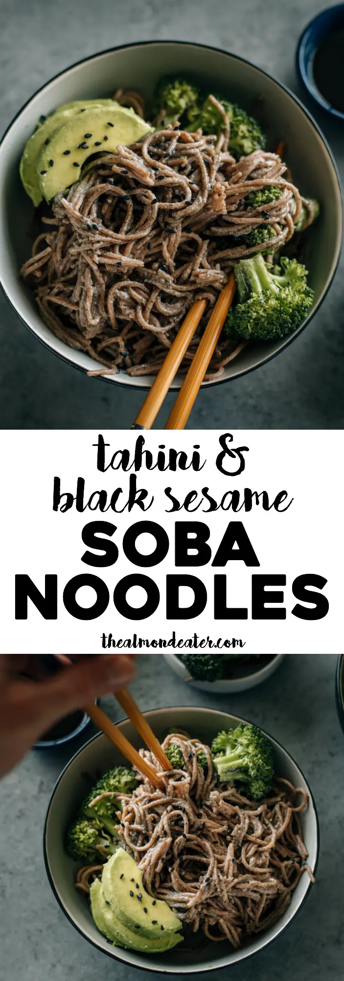 Black Sesame Soba Noodles | Soba noodles marinated in tahini and a black sesame sauce and topped with broccoli and avocado--a sweet and simple dish | thealmondeater.com