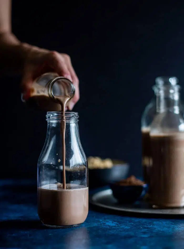 Chocolate Peanut Milk | This 4-ingredient recipe is a chocolate-y #dairyfree drink option made from peanuts and cacao! | thealmondeater.com