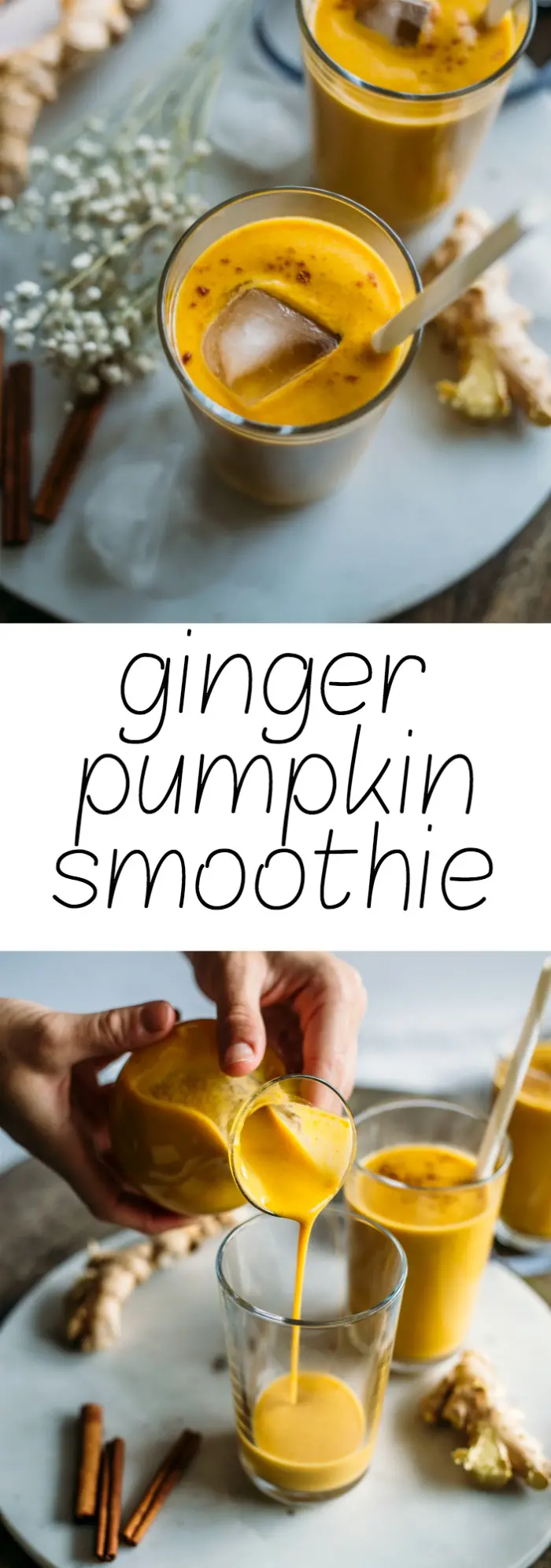 Ginger Pumpkin Smoothie |  Pumpkin-y flavor mixes with ginger and coconut milk in this creamy, dairy free smoothie recipe | thealmondeater.com | #vegan