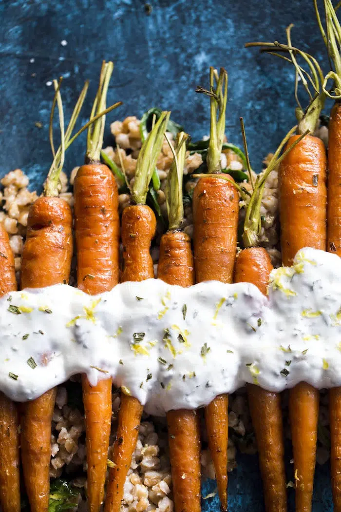 Roasted Carrots with farro, crunchy roasted chickpeas and a tangy lemon yogurt sauce