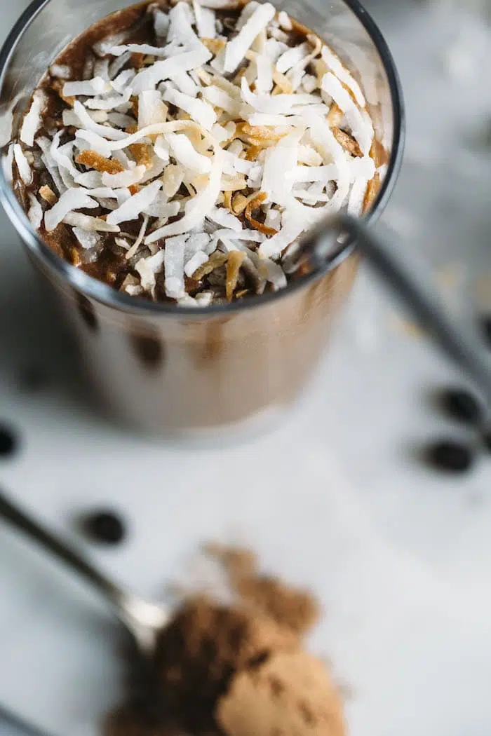 A Toasted Coconut Espresso Smoothie made with good-for-you ingredients and plenty of coconut flavor!