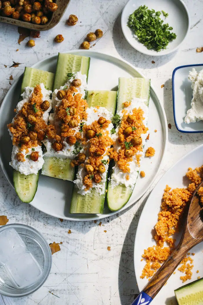 Cucumber spears plus quinoa, whipped feta and roasted chickpeas--a tasty vegetarian meal or side dish!
