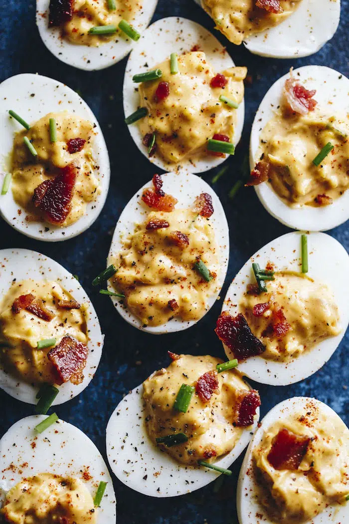 Chipotle deviled eggs filled with chipotle yogurt instead of mayonnaise and mustard! 