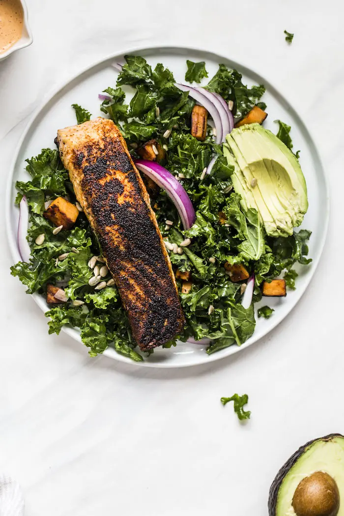 Spicy Chipotle Salmon Kale Salad | thealmondeater.com