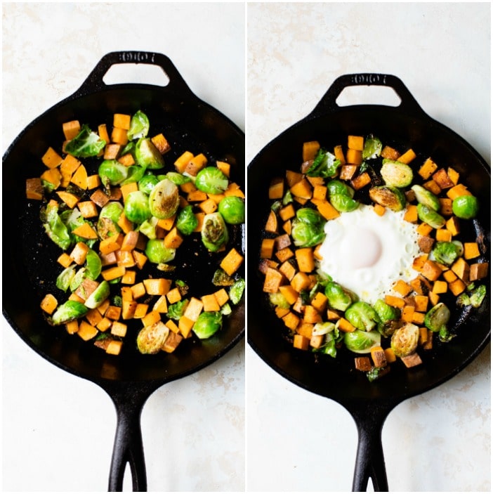 brussels sprouts, sweet potato and a fried egg in a skillet