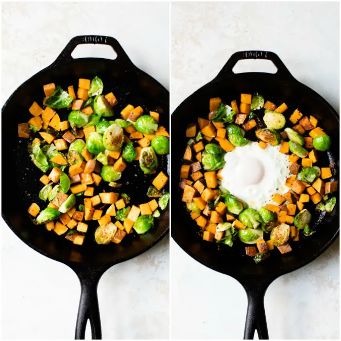 brussels sprouts, sweet potato and a fried egg in a skillet