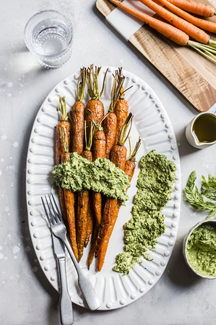 Roasted Carrots with Tarragon Carrot Top Pesto | thealmondeater.com