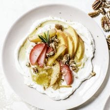 Yogurt Stone Fruit Salad made with caramelized onions, stone fruit and butter roasted pecans | thealmondeater.com