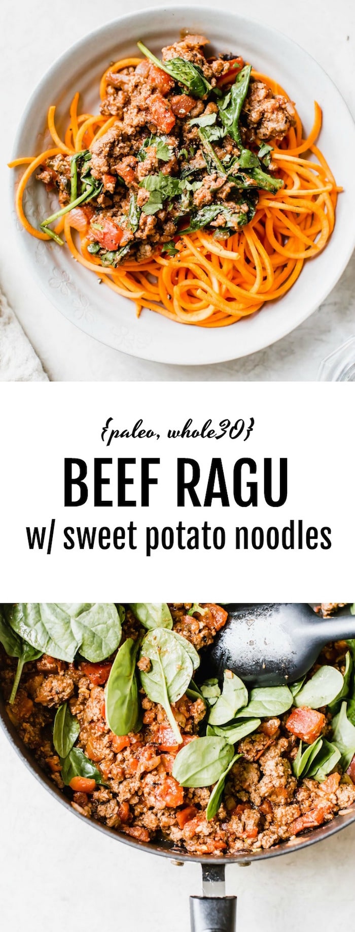 Beef Ragu with Sweet Potato Noodles -- a whole30 compliant meal that's ready in 20 minutes! | thealmondeater.com