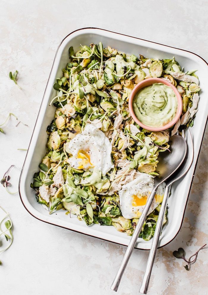 Chicken Brussels Sprouts Salad with avocado dressing #whole30 | thealmondeater.com