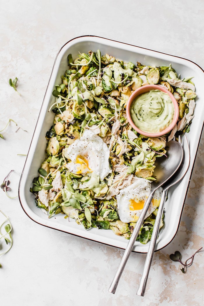 Chicken Brussels Sprouts Salad with avocado dressing #whole30 | thealmondeater.com