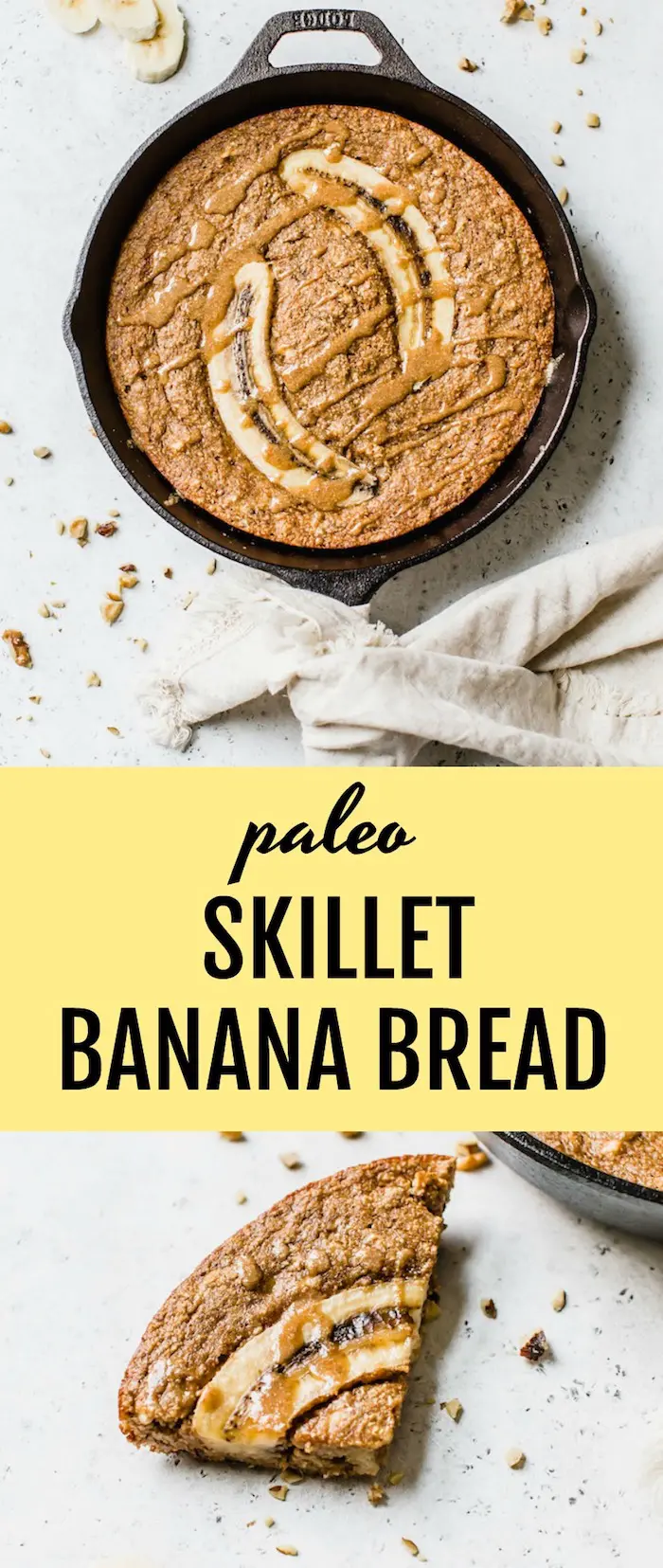 Paleo Skillet Banana Bread- banana bread that's gluten free, refined sugar free and better for you with all the tasty banana flavor you're craving | thealmondeater.com