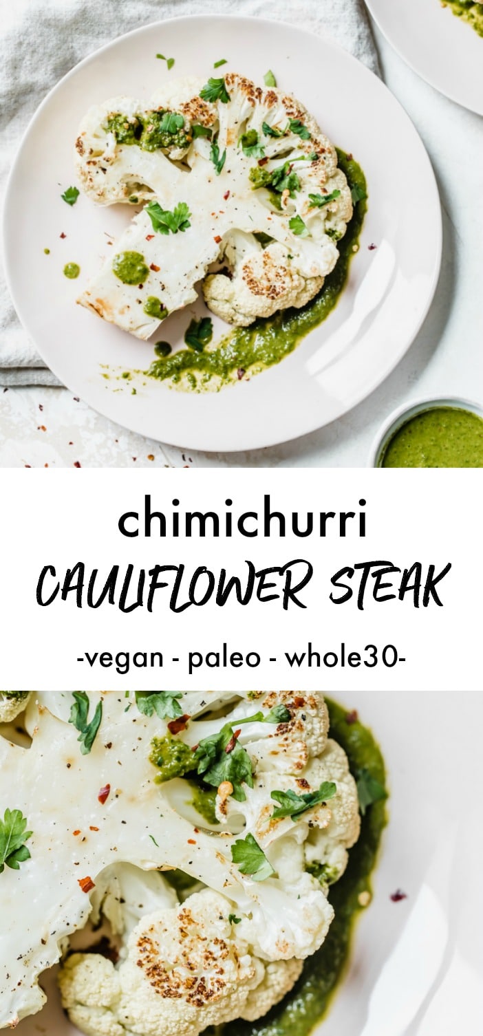 Cauliflower steak on top of chimichurri sauce