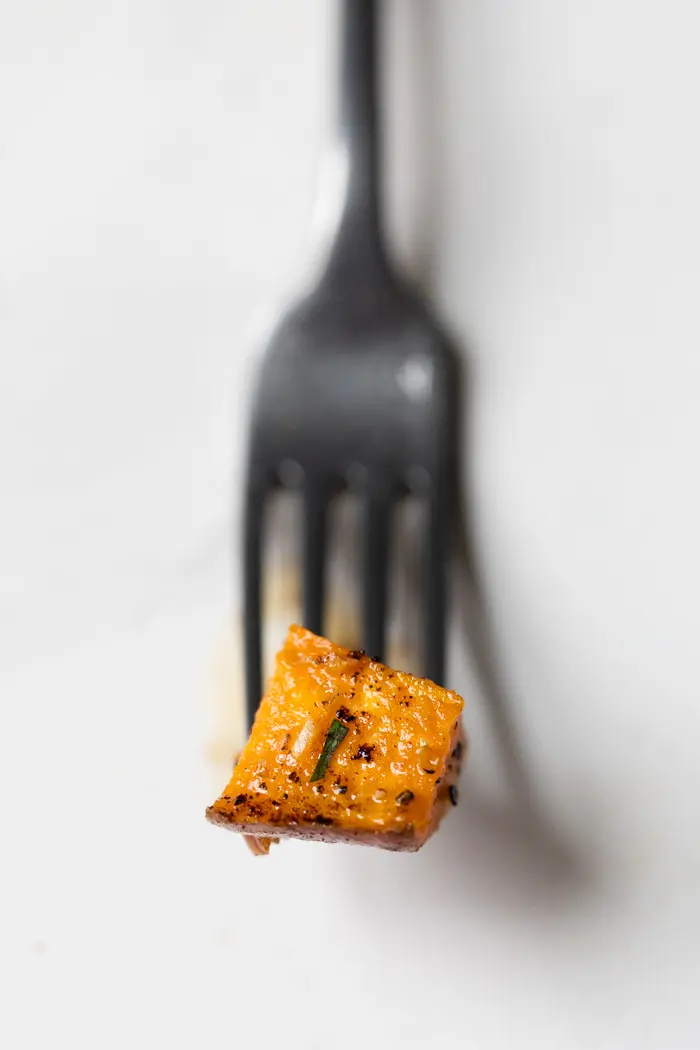 roasted sweet potato on a fork