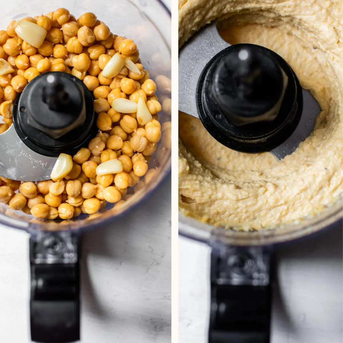 chickpeas and hummus in a food processor