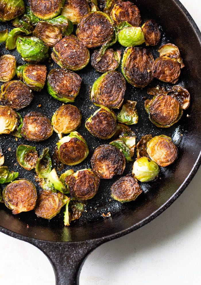 fried brussels sprouts in a skillet
