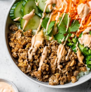 bowl with ground pork and vegetables
