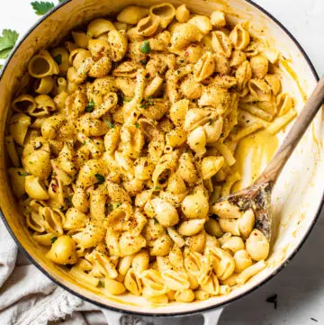 pasta with cheese sauce in a skillet