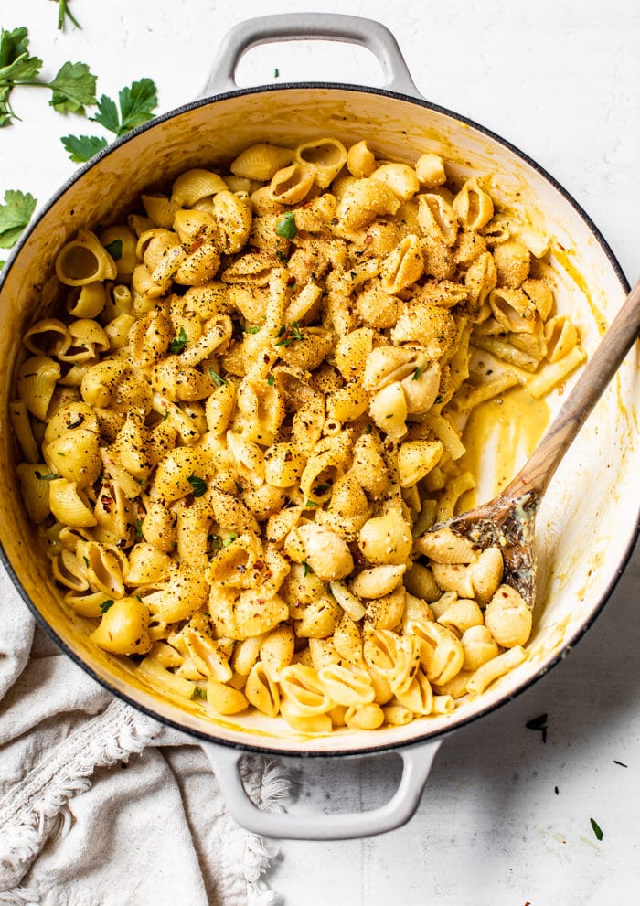 pasta with cheese sauce in a skillet