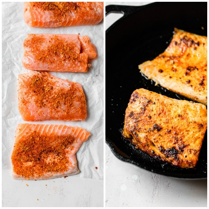 salmon on parchment paper and in a skillet