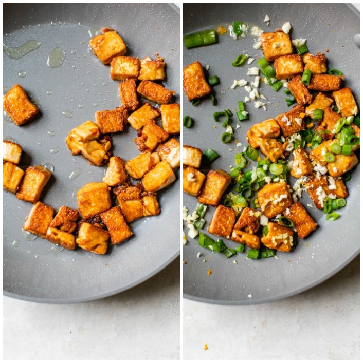 pan-fried tofu in a skillet