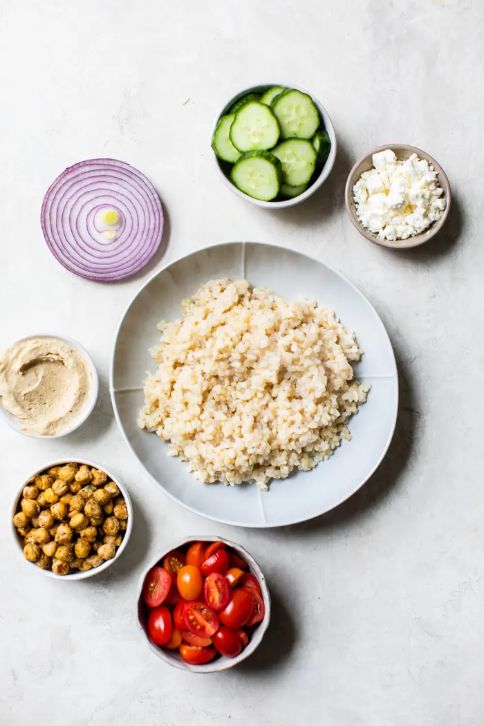mediterranean ingredients in bowls