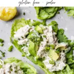 chicken salad on romaine lettuce with text overlay