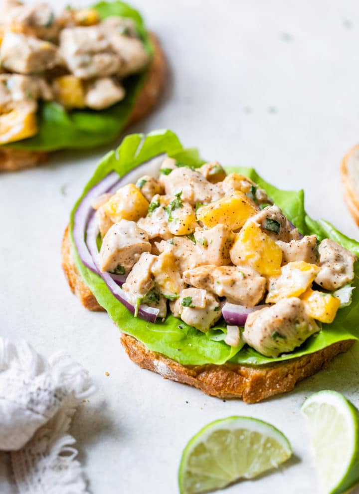 chicken and mango on a slice of bread