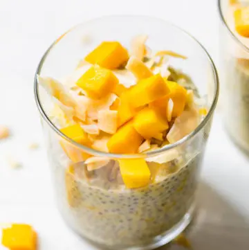 chia pudding topped with mango