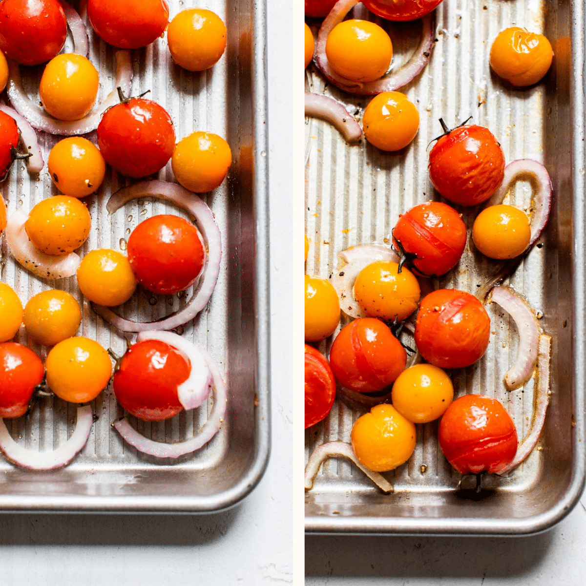 tomatoes and onion on a baking sheet