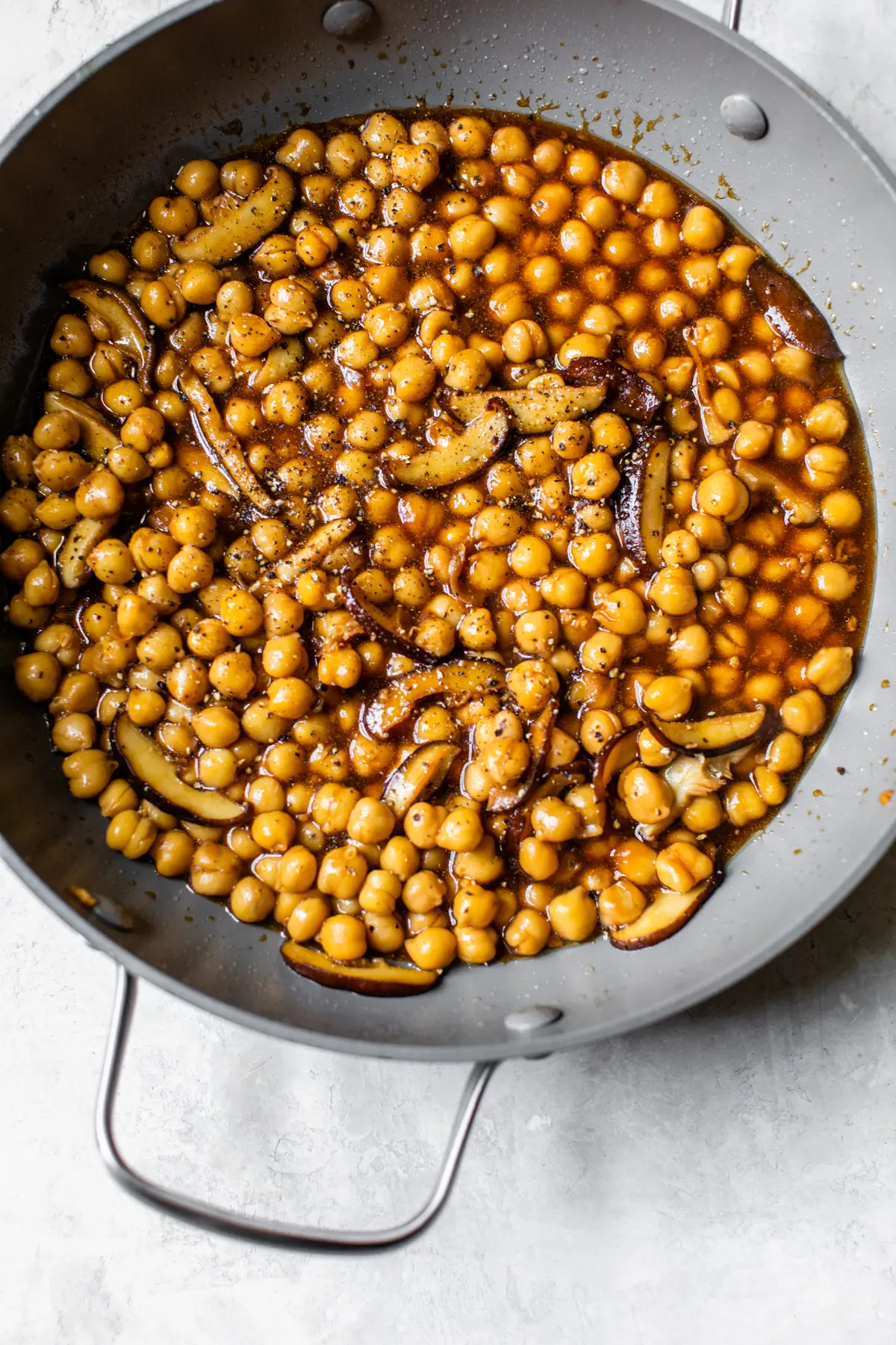 marinated chickpeas in a skillet
