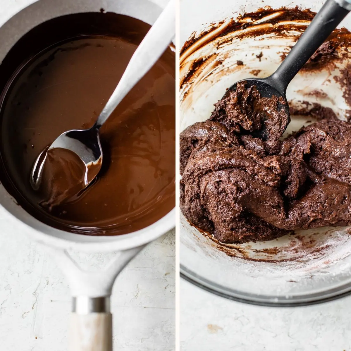 melted chocolate in a saucepan and brownie batter in a bowl