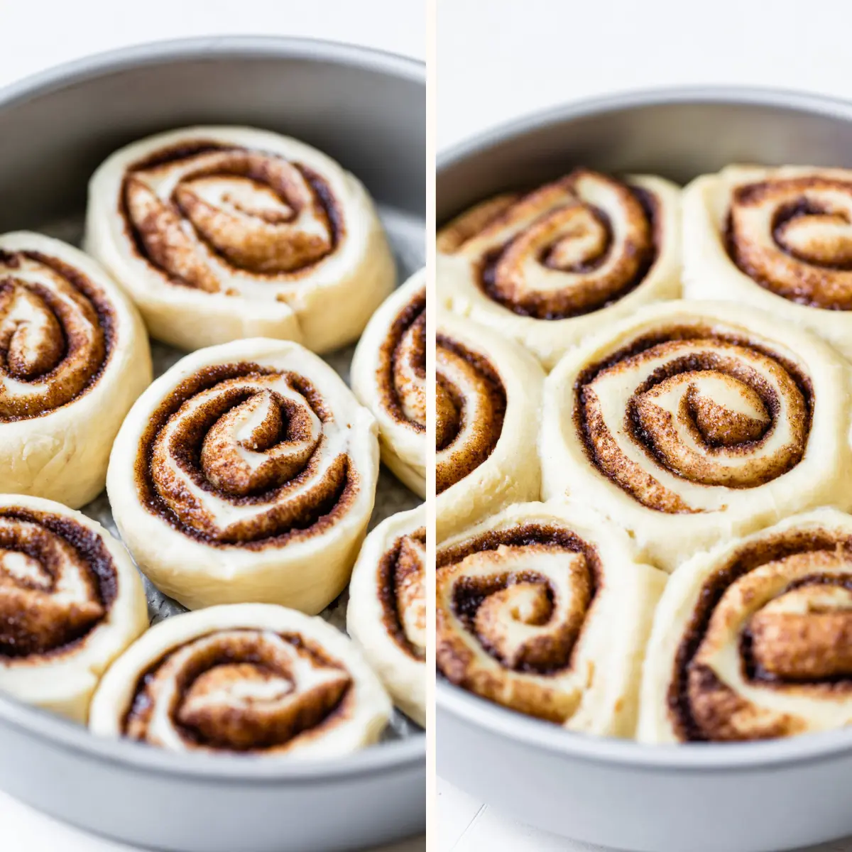 uncooked cinnamon rolls in a cake pan