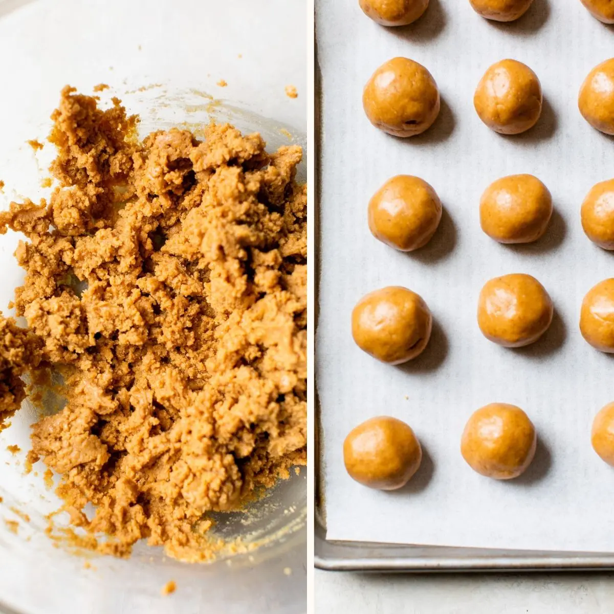 peanut butter rolled into balls on a baking sheet