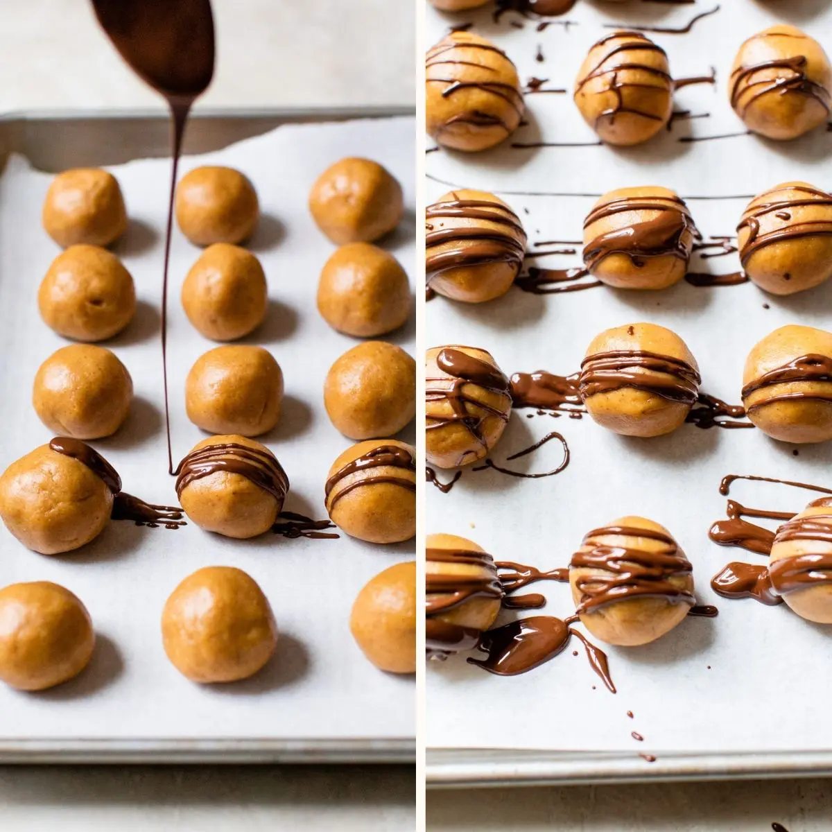 peanut butter balls being drizzled with chocolate