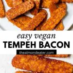 marinated tempeh on a plate with text