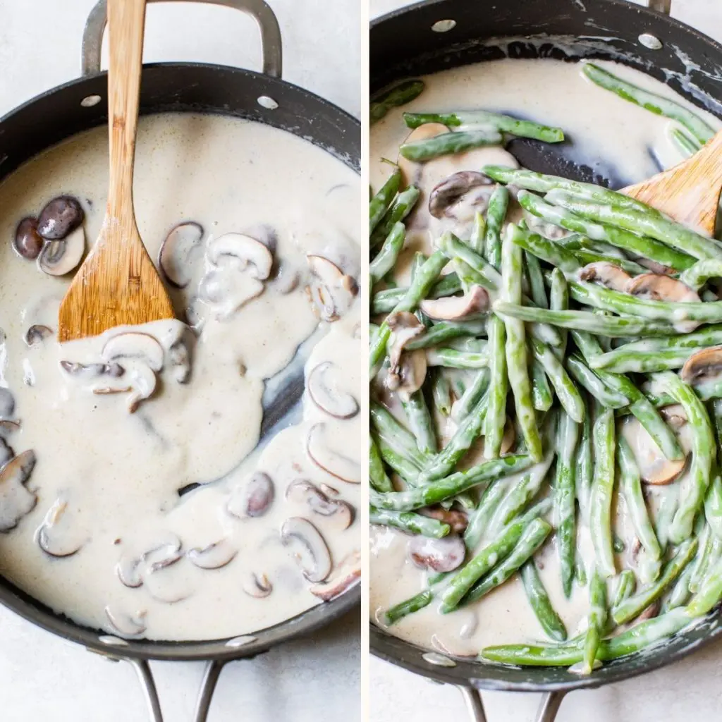 green beans in a skillet with mushrooms and a cream sauce