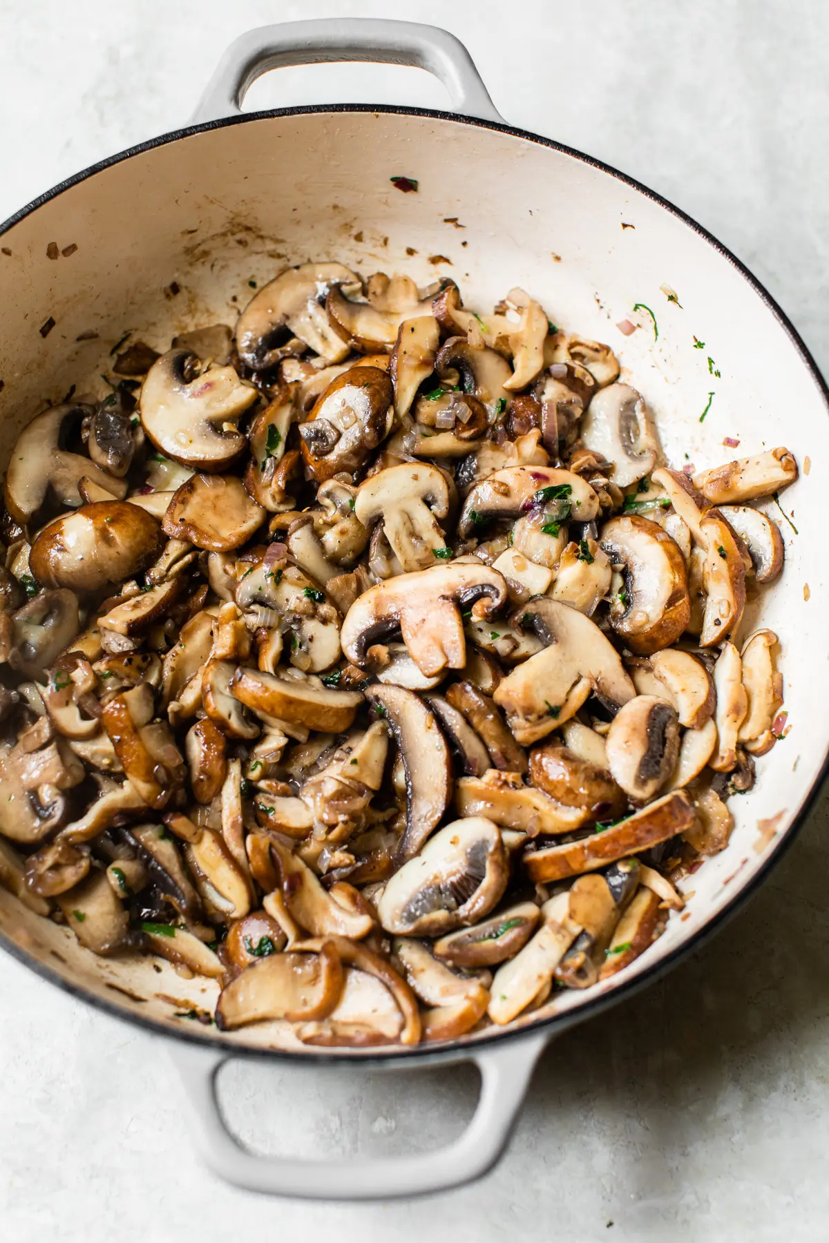 cooked mushrooms in a dutch oven