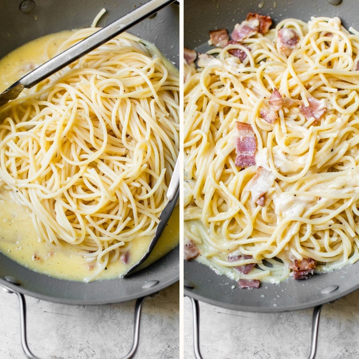 spaghetti in a buttery cheese sauce in a skillet