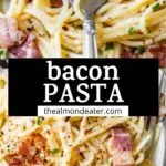 pasta with bacon and text overlay