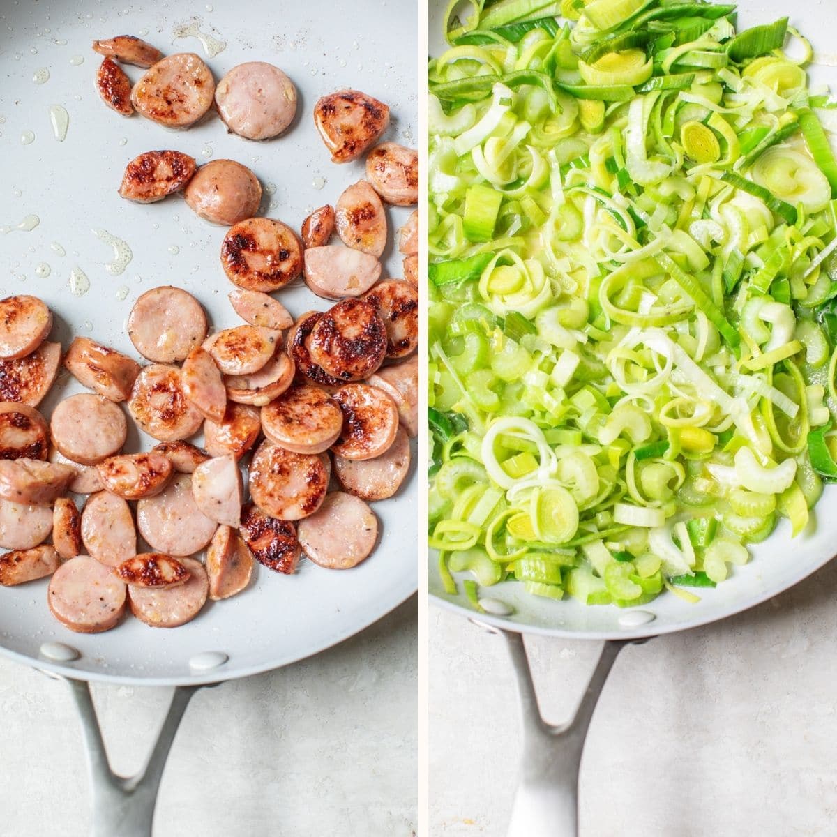 chicken sausage and leeks in a skillet