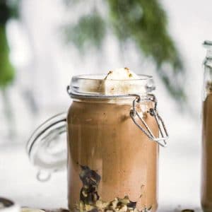 chocolate smoothie with banana in a mason jar