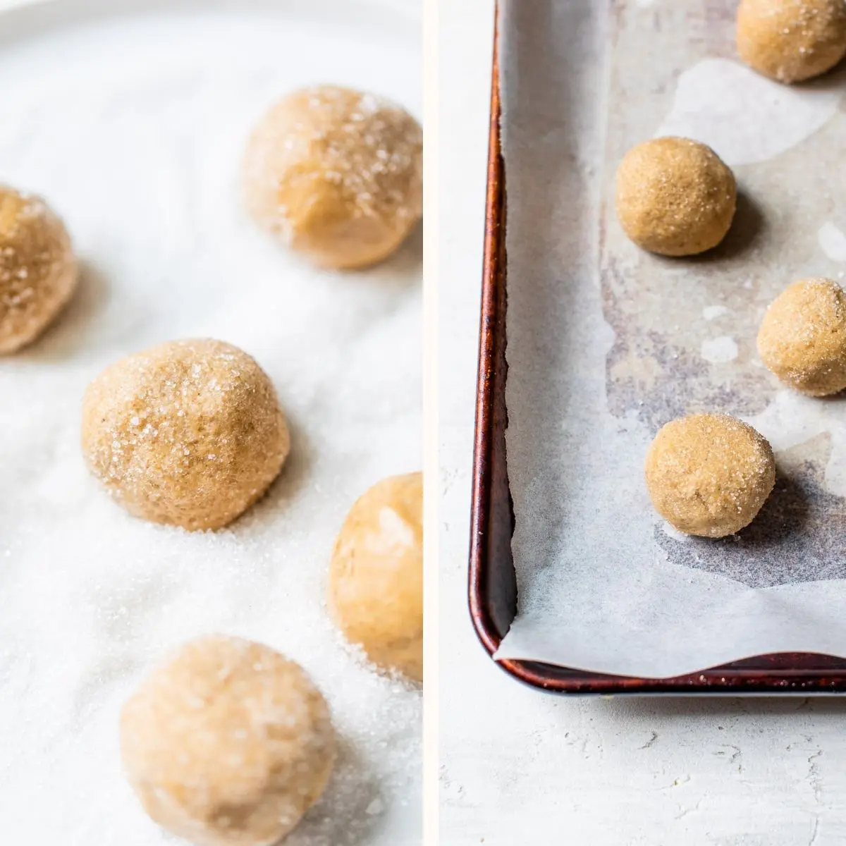 balls of dough covered in sugar on a baking sheet