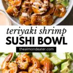 sushi bowl with shrimp and text over top